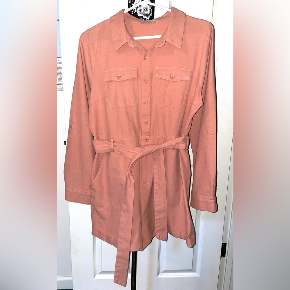 Paper Crane Coral Button-Up Shirts Romper w/Belt